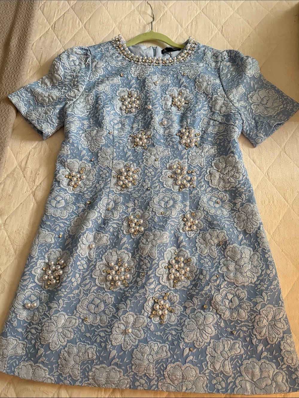 Women’s size 10 Pearl-Embellished Light Blue Lace Mini Dress look at description - Picture 9 of 12
